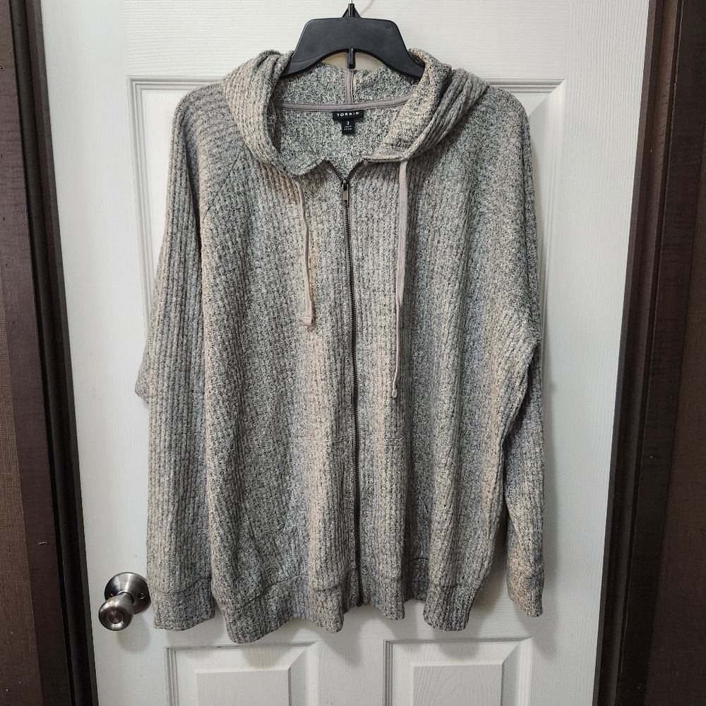 Torrid Gray Brushed Waffle Hacci Knit Hooded Zip Up Jacket. Sz 3X